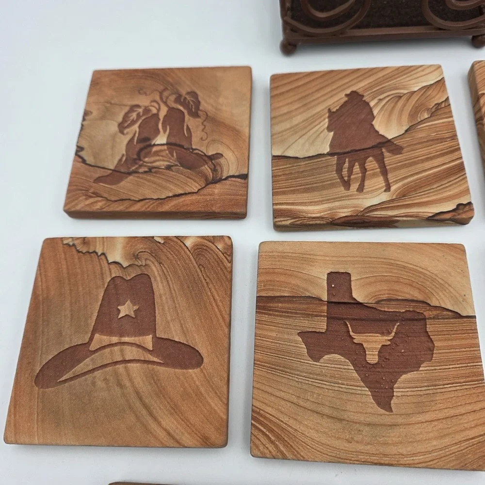 King Ranch Engraved Sanded Tile Coaster Set with Holder Western Horses Texas 9pc